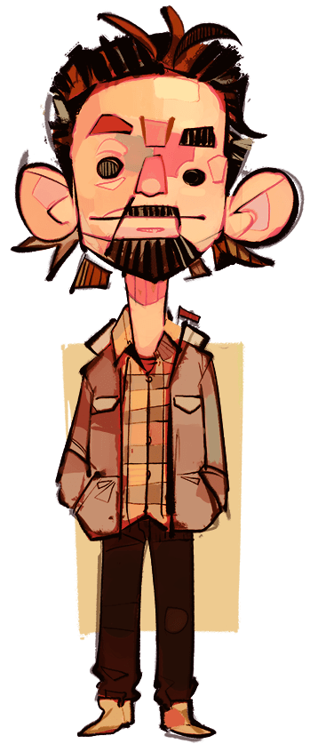 Cartoon self portrait of myself standing idly, hands in jacket pockets.